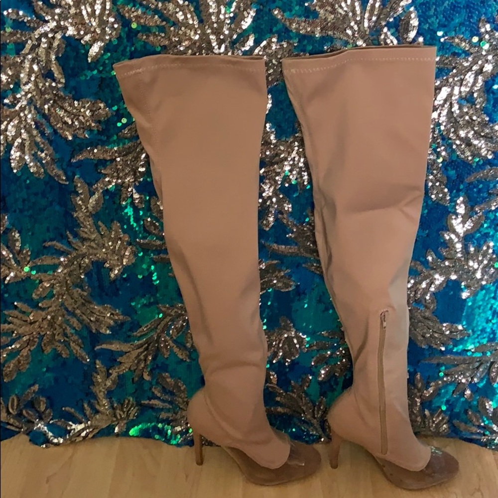 Nude Thigh High Open Toe Boots